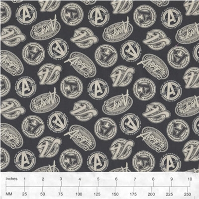 Camelot Fabrics_Avengers-Tossed Logos_13050103 / 03 Charcoal