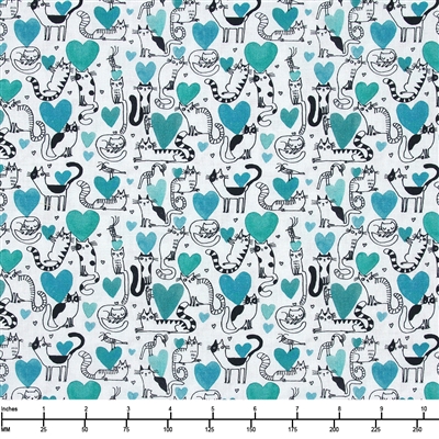 Contempo-It's-Raining-Cats-and-Dogs-Hearts-and-Cats-Teal-10335-80
